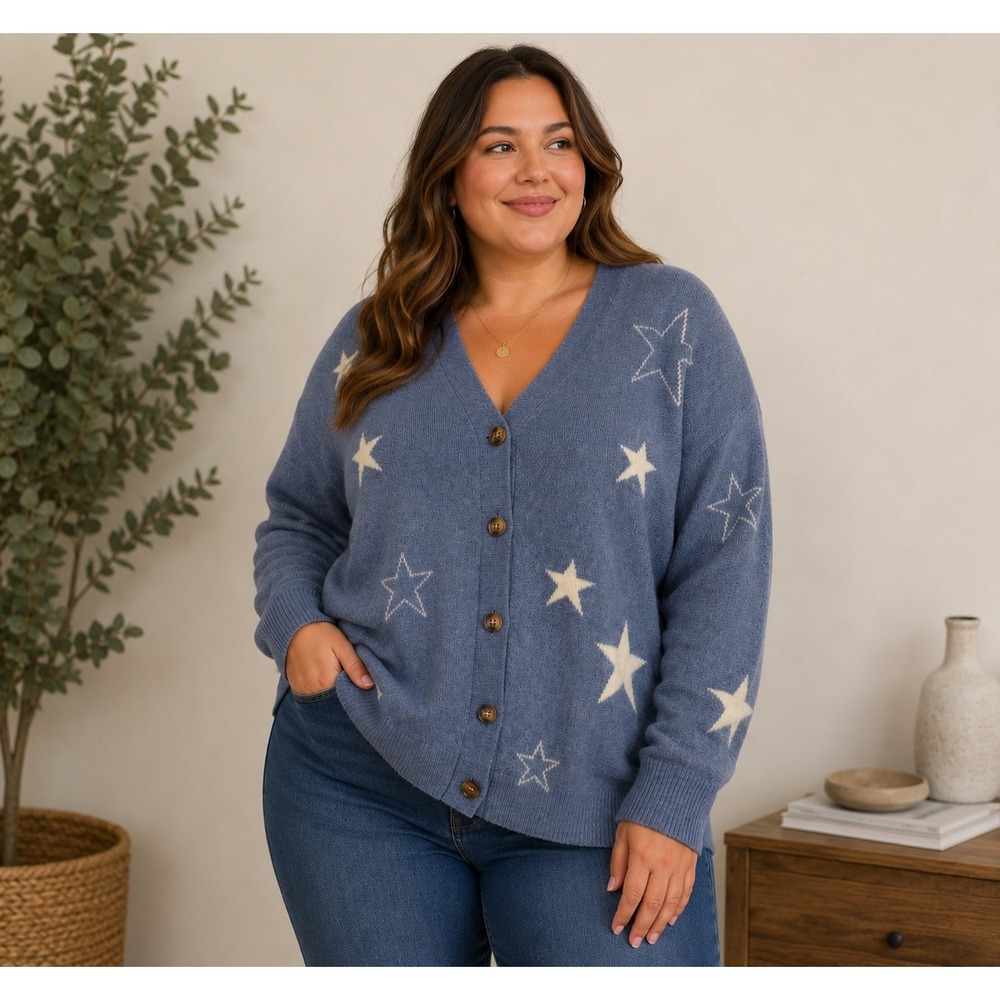 Skies Are Blue Dusty Blue Star-Print Button Cardigan